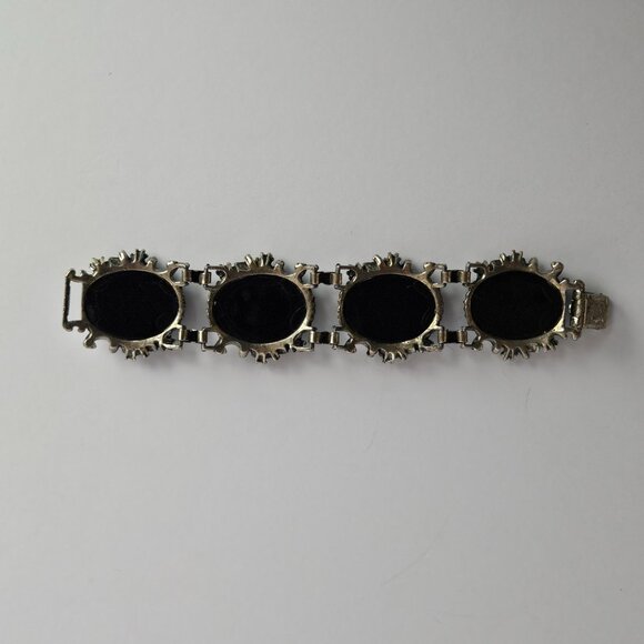Vtg Style Gothic Faux Onyx & Rhinestone Bracelet Ornate Silver-Tone Setting, 7" - Picture 8 of 16